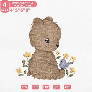 May include: An embroidery file design featuring a brown bear and a blue bird surrounded by yellow flowers. The design is available in 4", 5", 6", and 8" sizes. The file formats include PES, DST, EXP, JEF, and VP3.