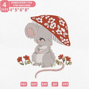 Mouse Mushroom Embroidery Design, Mouse Flower Machine Embroidery File, Cute Mouse Embroidery, Instant Download, 4 Sizes, Pes Dst Jef Exp
