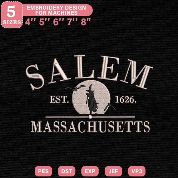 Salem Witch Embroidery Design, Massachusetts Halloween Moon Silhouette Embroidery File For Machine 5 Size Instant Download, PES DST File