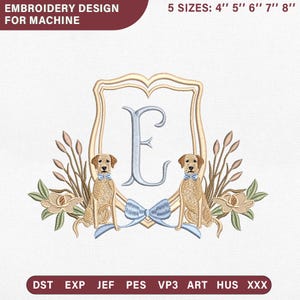 May include: Machine embroidery design featuring a central letter E inside a gold shield, flanked by two tan dogs with blue bow ties. The design includes floral accents, cattails, and a blue ribbon. Text reads: EMBROIDERY DESIGN FOR MACHINE, 5 SIZES: 10cm 13cm 15cm 18cm 20cm, DST EXP JEF PES VP3 ART HUS XXX.