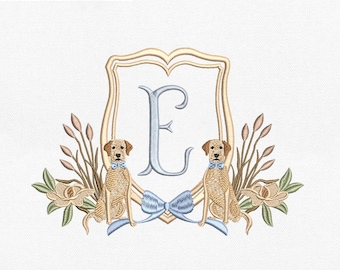 Yellow Labrador Dog Crest Monogram Frame Embroidery Design, Southern Pet Machine File, Grandmillennial Puppy Digital Download Pes Dst Exp