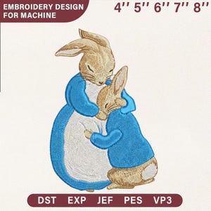 May include: An embroidery design for machine featuring two rabbits in a loving embrace. The rabbits are in shades of tan and brown, wearing blue jackets. The design includes the text "EMBROIDERY DESIGN FOR MACHINE" and size options from 4" to 8".