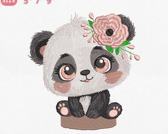 Baby Panda Embroidery Design, Cute Floral Animal Girl Stitch File, Zoo Animal, Kawaii Panda, 3 Sizes, Instant Download Pes, Dst, Exp,Jef,Vp3
