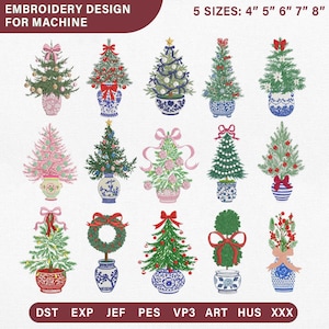 May include: A digital collection of fifteen machine embroidery designs featuring various Christmas trees and wreaths in decorative pots. The text reads EMBROIDERY DESIGN FOR MACHINE and 5 SIZES: 4" 5" 6" 7" 8" with file formats DST, EXP, JEF, PES, VP3, ART, HUS, XXX.