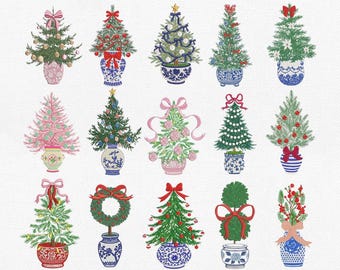 May include: A digital collection of fifteen machine embroidery designs featuring various Christmas trees and wreaths in decorative pots. The text reads EMBROIDERY DESIGN FOR MACHINE and 5 SIZES: 4" 5" 6" 7" 8" with file formats DST, EXP, JEF, PES, VP3, ART, HUS, XXX.