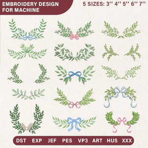 May include: Embroidery design for machine featuring green leaf and bow designs. The designs include blue and pink bows. The image also includes the text "5 sizes: 7.6cm 10.2cm 12.7cm 15.2cm 17.8cm" and file type abbreviations.