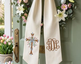 Floral Cross Embroidery Design | Floral Religious Cross with Blue Bow | Christian Faith Machine Embroidery Digital File