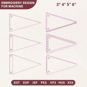 May include: An embroidery design for machine use, featuring six pennant shapes in a light purple hue. The pennants are available in 3", 4", 5", and 6" sizes. The design includes various file formats: DST, EXP, JEF, PES, VP3, HUS, and XXX.