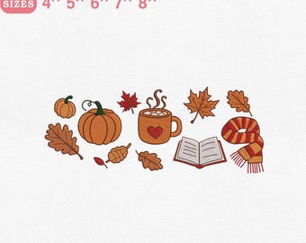 Autumn Pumpkin Mug Embroidery Design, Fall Coffee Book Scarf and Leaf File for Machine Embroidery, Instant Download, PES DST File