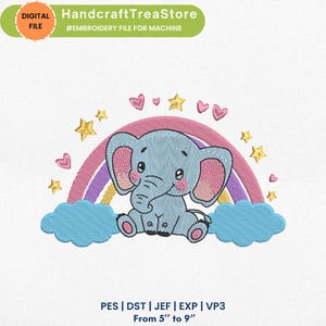 Cute Elephant Rainbow Machine Embroidery File - Baby Nursery Design - Baby Elephant- Instant Download - Pes, Dst, Jef, Exp, Vp3 - 3 Sizes