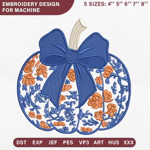 Chinoiserie Floral Pumpkin Machine Pattern, Blue Bow Elegant Fall Autumn Thanksgiving, Boutique Patch Pes Dst Jef Vp3