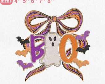 May include: A Halloween embroidery design with the word "BOO" and a ghost. The design includes bats and a bow, with sizes ranging from 10.16cm to 20.32cm. The color palette includes purple, orange, and black.
