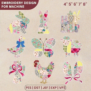 May include: An embroidery design set featuring patchwork animal and Easter-themed shapes. Includes a rabbit, butterfly, sheep, goose, angel, hen, and bunny ears. The design sizes range from 10.16 to 20.32 cm. The text "EMBROIDERY DESIGN FOR MACHINE" is at the top.