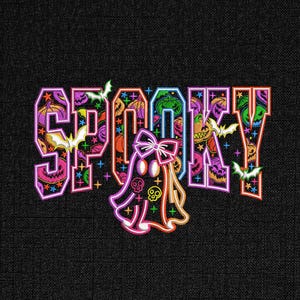 May include: A Halloween-themed design with the word "SPOOKY" in colorful, outlined letters. The letters are filled with pumpkin and bat patterns. A ghost character with a bow and skull details is featured below the word, all on a black background.