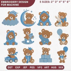 Cute Baby Boy Teddy Bear Embroidery Design Bundle, Rocking Horse Bunny, Nursery Decor Digital Download Pes Dst Jef Vp3