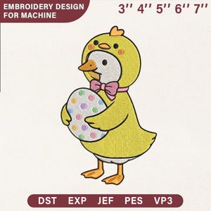 May include: An embroidery design for machine featuring a yellow chick wearing a chick costume and holding a decorated Easter egg. The design includes the text "EMBROIDERY DESIGN FOR MACHINE" and sizes from 3" to 7".