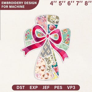 May include: An embroidery design for machine use, featuring a patchwork angel with a plaid bow. The design includes floral and geometric patterns in various colors. Available in sizes from 4" to 8".