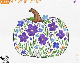 以下が含まれることがあります： 紫と青の花と緑の葉で満たされたカボチャの形をした、機械用の刺繍デザイン。 デザインは5つのサイズで利用できます：10 cm、13 cm、15 cm、18 cm、20 cm。 デザインには「EMBROIDERY DESIGN FOR MACHINES」というテキストが含まれています。