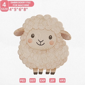 Puede incluir: Diseño bordado de una oveja de dibujos animados con un abrigo de lana beige y esponjoso, mejillas rosadas y una cara sonriente. Se muestra el texto "EMBROIDERY FILE FOR MACHINE" y las opciones de tamaño 10, 13, 15 y 20 cm. También se muestran los tipos de archivo PES, DST, EXP, JEF y VP3.
