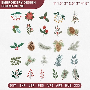 May include: A digital collection of Christmas-themed machine embroidery designs featuring various botanical elements like poinsettias, pinecones, holly, and berries. The text reads EMBROIDERY DESIGN FOR MACHINE and lists sizes 1" to 5".