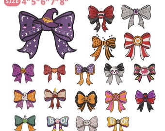 Halloween Bows Embroidery 19 Design Bundle, Witch Hat Pumpkin Bat Ribbon for Kids Costume Decor Machine File, Instant Download, PES DST