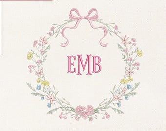 Diseño de bordado de marco con monograma Floral Coquette / Archivo para máquina de escribir con escudo de flores de primavera / Archivo Pes Dst Exp para corona de boda de bebé / Descarga instantánea