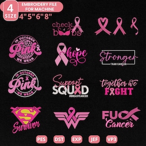Pode incluir: Uma coleção de designs de bordado rosa sobre um fundo preto. Os designs incluem laços de conscientização sobre o câncer de mama, frases como "In October We Wear Pink" e o texto "Support Squad". A imagem também inclui o texto "Embroidery File for Machine" e opções de tamanho.