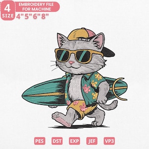 Puede incluir: Archivo de bordado para máquina con un gato de dibujos animados con gafas de sol, una camisa hawaiana y pantalones cortos, llevando una tabla de surf. El texto dice "ARCHIVO DE BORDADO PARA MÁQUINA" y las tallas son 10cm, 13cm, 15cm y 20cm.
