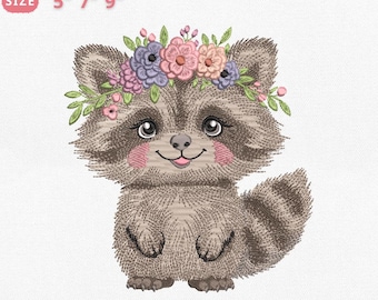 Baby Raccoon Embroidery Design, Cute Woodland Animal with Flower Crown, 3 Sizes, Instant Download Pes, Dst, Exp,Jef,Vp3