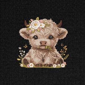 May include: Embroidered design of a brown and white Highland cow with a floral crown, eating grass. The cow is surrounded by green leaves and small white flowers.
