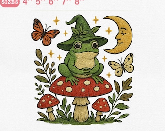Frog Witch Embroidery Design, Enchanting Frog on Mushroom with Moon and Butterflies Machine Embroidery, Digital Download Dst Pes Exp Jef Vp3
