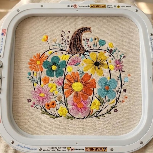 Floral Pumpkin Embroidery Design, Colorful Autumn Flowers Pattern Machine Embroidery File, Instant Download Dst Pes Exp Jef Vp3