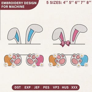 Peut inclure: Motif de broderie pour machine avec oreilles de lapin et empreintes de pattes. Le motif comprend deux ensembles d'oreilles de lapin avec des accents bleus et roses, et deux ensembles d'empreintes de pattes avec des détails floraux et à motifs. Le texte indique "5 TAILLES: 10cm 13cm 15cm 18cm 20cm".