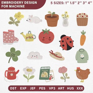 Op de afbeelding: Een digitale collectie van borduurontwerpen voor machines met een gele bloem, konijn, plant in pot, cupcake, laarzen met stippen, gieter, tomaat, lieveheersbeestje, wortel, klaver, wolk, hoed, trui, theepot, zaden en een kip.
