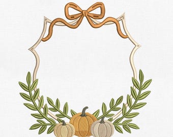 Preppy Fall Pumpkin Monogram Crest Machine Pattern, Laurel Branch Autumn Bow Blank Wreath, Baby Outfit Frame Pes Dst Jef Vp3