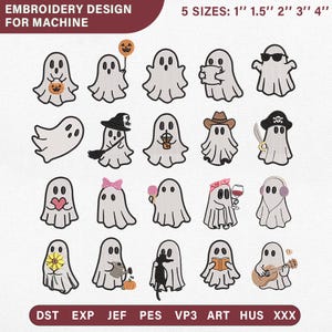May include: A digital embroidery design set for machines featuring twenty unique ghost illustrations. The ghosts are depicted with various accessories including pumpkins, hats, drinks, books, and musical instruments. Text includes EMBROIDERY DESIGN FOR MACHINE, 5 SIZES: 1" 1.5" 2" 3" 4", and file formats DST, EXP, JEF, PES, VP3, ART, HUS, XXX.