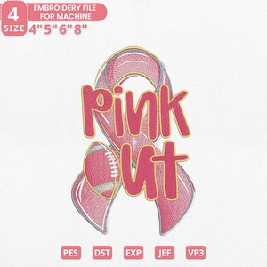 Pink Out Embroidery Design, Bubble Letter Style With Ribbon Cancer Awareness Machine File, 4 Sizes, Instant Download, Dst Pes Jef Exp Vp3