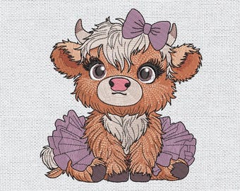 Baby Highland Cow Embroidery Design - Cute Farm Animal, Highland Cow Machine Embroidery File- Instant Download - Pes, Dst, Jef, Exp, Vp3