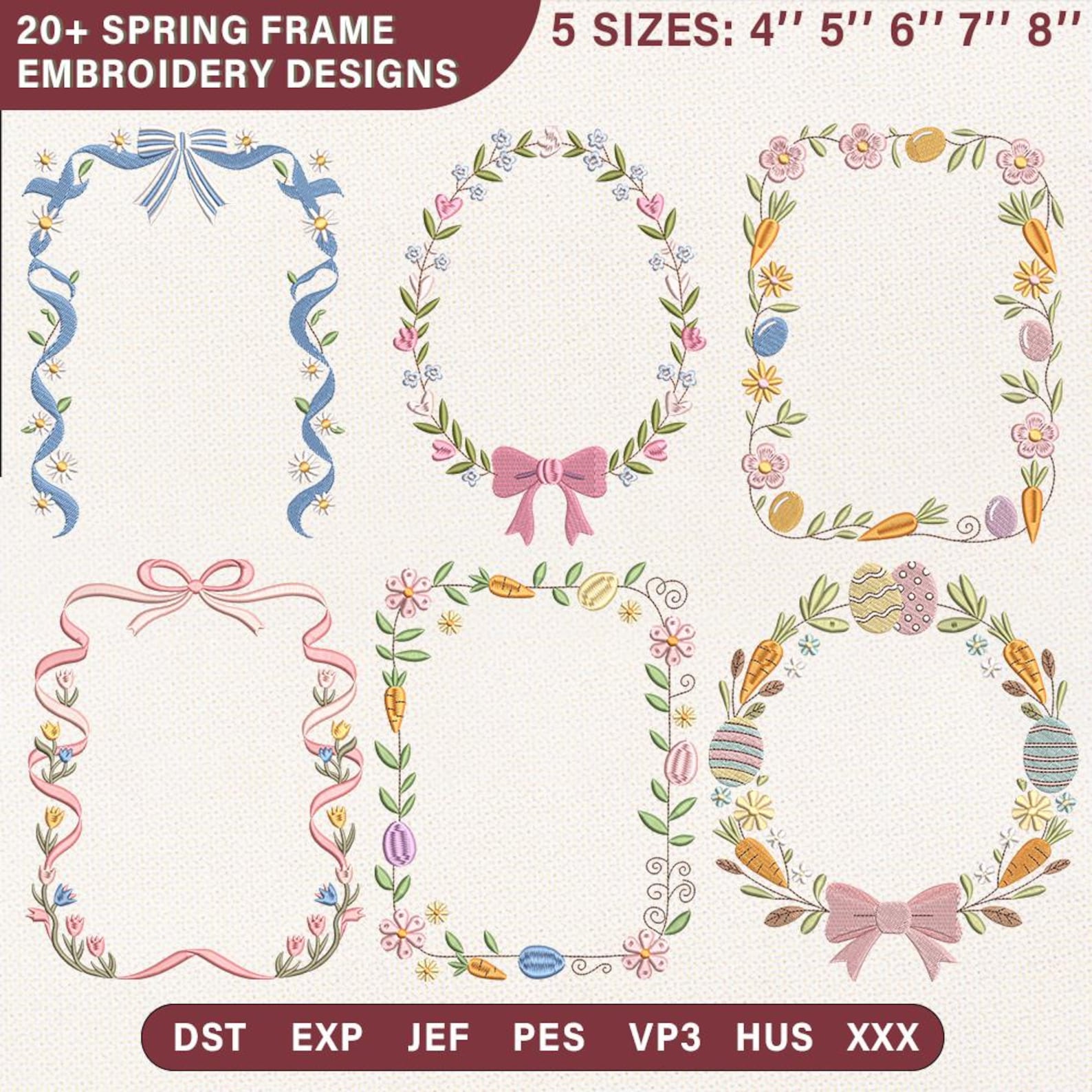 Jef Frame Spring Floral Frame Embroidery Design | Wreath With Bow Bundle Pes Dst ...