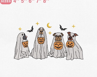 Ghost Dog Embroidery Design, Halloween Dogs in Sheet Costume with Pumpkin Lanterns, Machine Embroidery, Instant Download, PES DST File