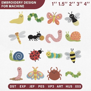 May include: A digital embroidery design set for machines featuring sixteen colorful insect and garden creature illustrations, including snails, butterflies, bees, caterpillars, and worms. Text includes EMBROIDERY DESIGN FOR MACHINE, 1" 1.5" 2" 3" 4", and file formats DST, EXP, JEF, PES, VP3, ART, HUS, XXX.