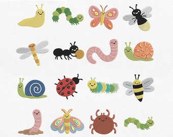 Paquete de 16 mini bordados a máquina de insectos Kawaii, archivo de bordado a máquina de jardín infantil lindo, descarga instantánea, Pes, Dst, Exp