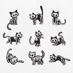May include: A collection of nine embroidered patches featuring black cats with white skeletal designs. Each cat is depicted in a different pose, including sitting, stretching, and standing, showcasing detailed white rib cages and skull faces.