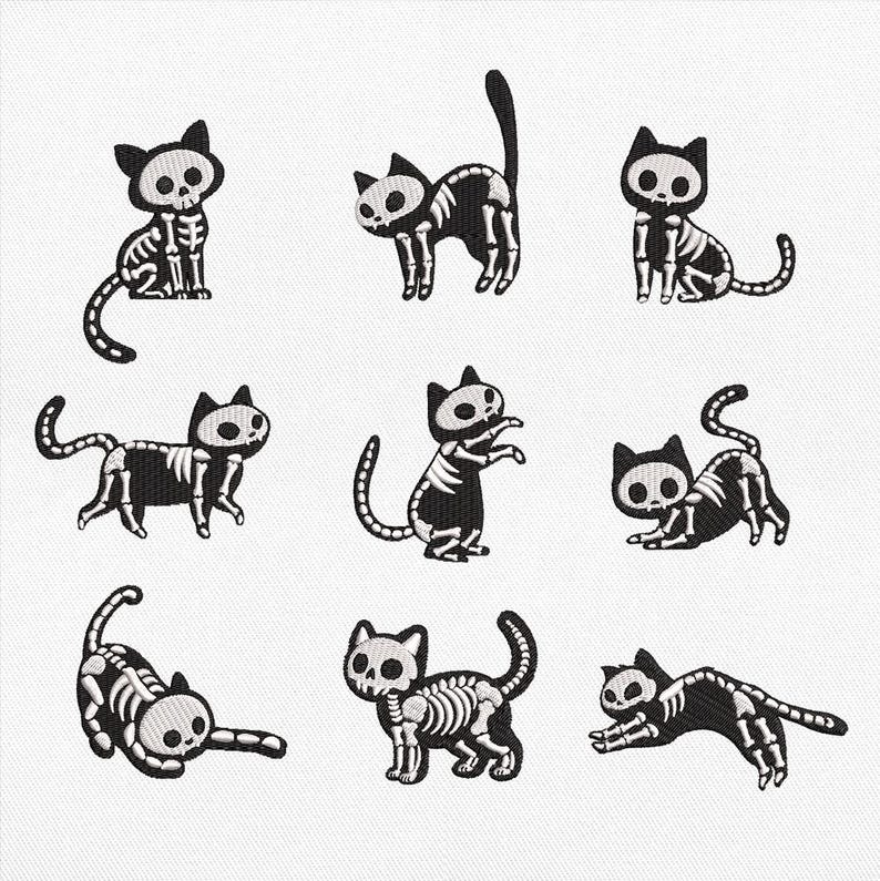May include: A collection of nine embroidered patches featuring black cats with white skeletal designs. Each cat is depicted in a different pose, including sitting, stretching, and standing, showcasing detailed white rib cages and skull faces.