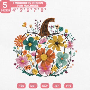 Floral Pumpkin Embroidery Design, Colorful Autumn Flowers Pattern Machine Embroidery File, Instant Download Dst Pes Exp Jef Vp3