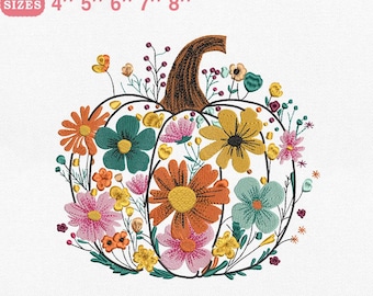 Floral Pumpkin Embroidery Design, Colorful Autumn Flowers Pattern Machine Embroidery File, Instant Download Dst Pes Exp Jef Vp3