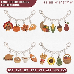 Puede incluir: Diseño de bordado a máquina con cuatro cadenas de pulsera de dijes plateadas con motivos de Acción de Gracias que incluyen pavo, calabaza, hoja, pastel, cornucopia, maíz, bellota, pera, pavo asado, pan, salsera, trigo, girasol, calabaza y cesta de frutas.