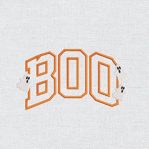 May include: Embroidered design featuring the word "BOO" in orange block letters with a white outline. Two small white ghost figures with black eyes are on the right side of the design. The design is on a white textured background.