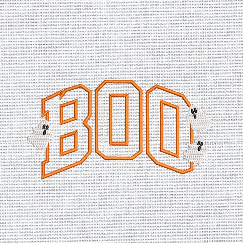 May include: Embroidered design featuring the word "BOO" in orange block letters with a white outline. Two small white ghost figures with black eyes are on the right side of the design. The design is on a white textured background.