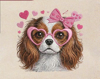 Diseño de bordado para San Valentín de Cavalier King Charles Spaniel con gafas de corazón - Retrato de perro digitalizado manualmente / 5 tamaños